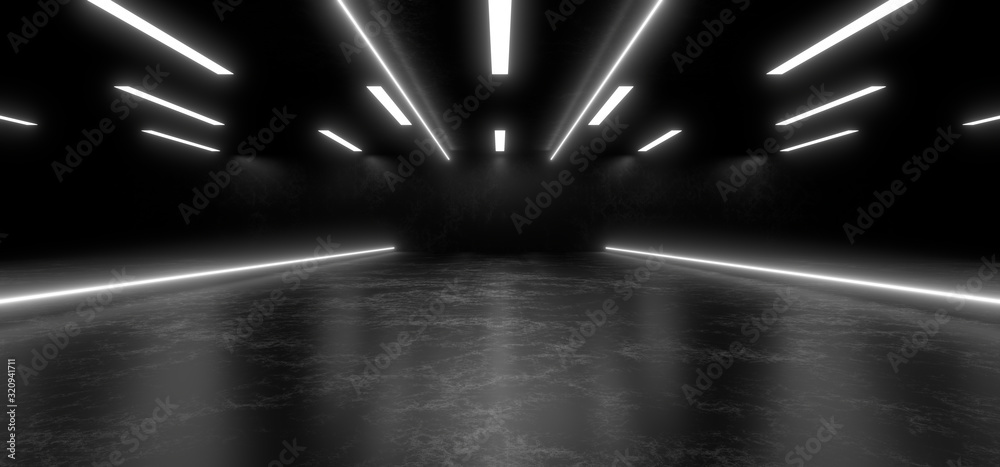 Beautiful composition of white neon lights on a black background. 3d rendering image.