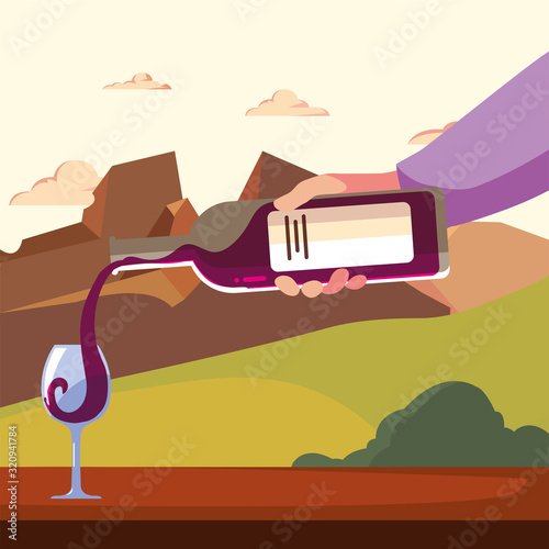 Wine bottle and cup in front of landscape vector design