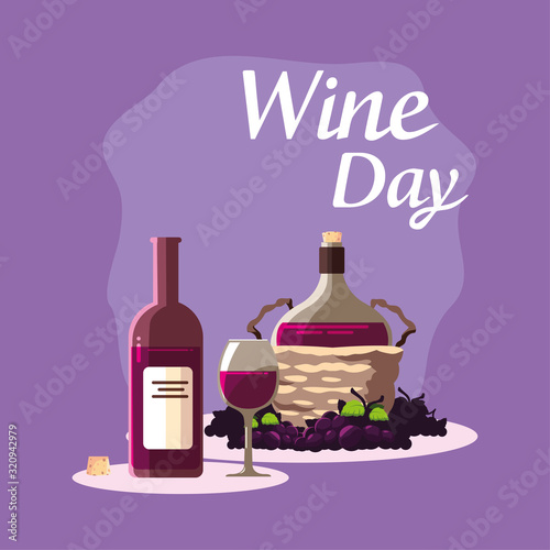 Bottle cup jar and grapes of wine day vector design