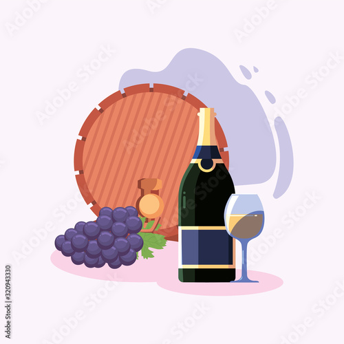 Wine bottle barrel grapes and cup vector design