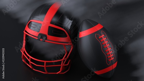 American football red-black helmet and Ball with dark black toned foggy blur smoke under black-white laser lighting. 3D illustration. 3D high quality rendering. © DRN Studio