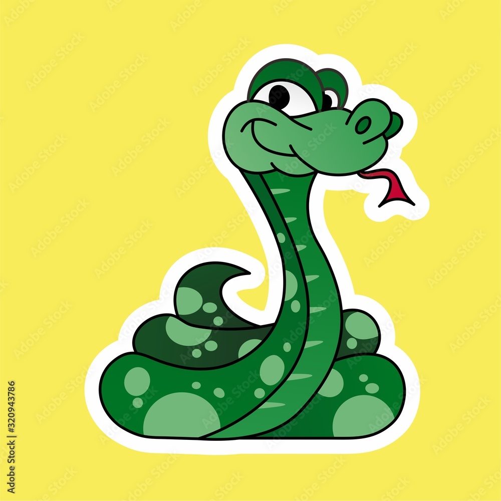 Sticker of the Green Snake Issues the Tongue Cartoon, Cute Funny Character, Flat Design Sticker of the Green Snake Issues the Tongue Cartoon, Cute Funny Character, Flat Design