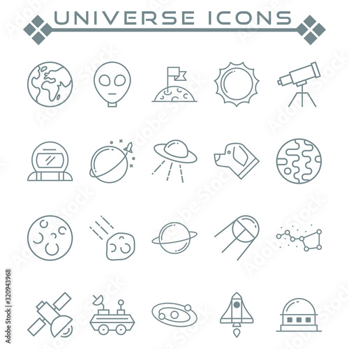 Set of universes Related Vector Line Icons. Contains such as Icons as globe, planets, satellites, astronauts and more