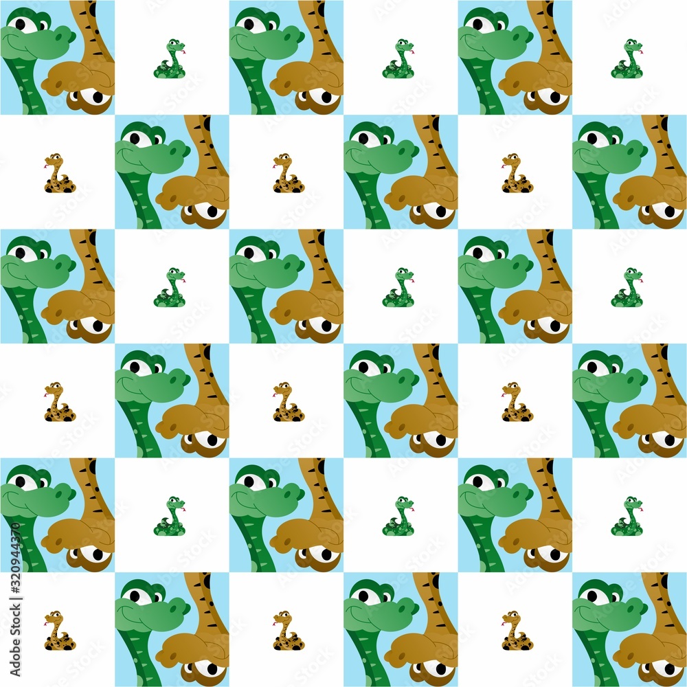 Obraz premium The Amazing of Cute Green and Brown Snake Issues the Tongue Illustration, Cartoon Funny Character, Pattern Wallpaper