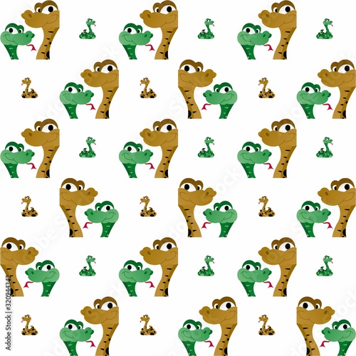 Fototapeta Naklejka Na Ścianę i Meble -  The Amazing of Cute Green and Brown Snake Issues the Tongue Illustration, Cartoon Funny Character, Pattern Wallpaper