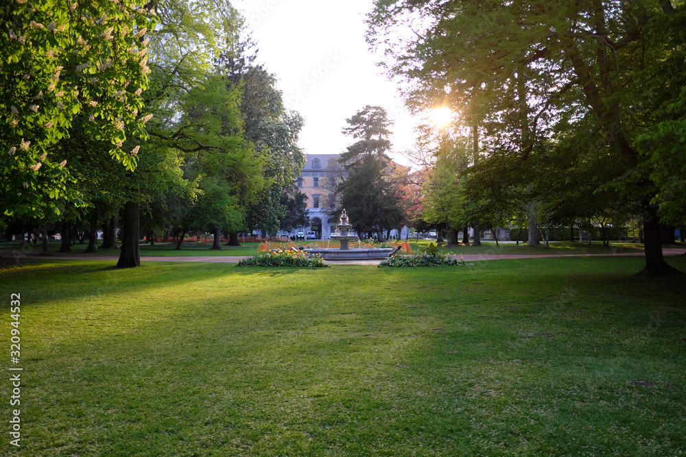 Annecy, France - April 28: View of the fountain in the park Gardens of Europe. on April 28, 2017 in Annecy, France. Annecy, France - April 28: View of the fountain in the park Gardens of Europe. on April 28, 2017 in Annecy, France.