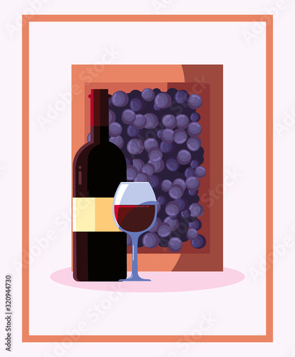 Wine bottle grapes and cup vector design
