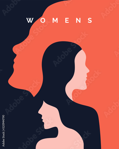 women's day campaign poster background design with two long hair girl with face silhouette vector illustration.
