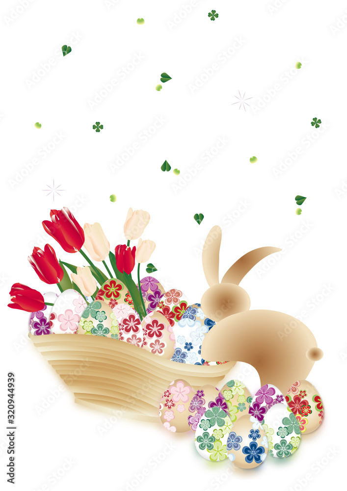 イースター和柄の卵にうさぎと春の花が木の器に入ったイラストの縦スタイル背景素材 イースター和柄の卵にうさぎと春の花が木の器に入ったイラストの縦スタイル背景素材