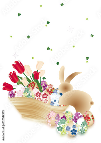 イースター和柄の卵にうさぎと春の花が木の器に入ったイラストの縦スタイル背景素材 © Art.Kaede