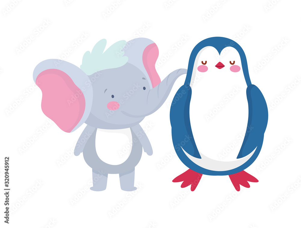little elephant and penguin cartoon character on white background