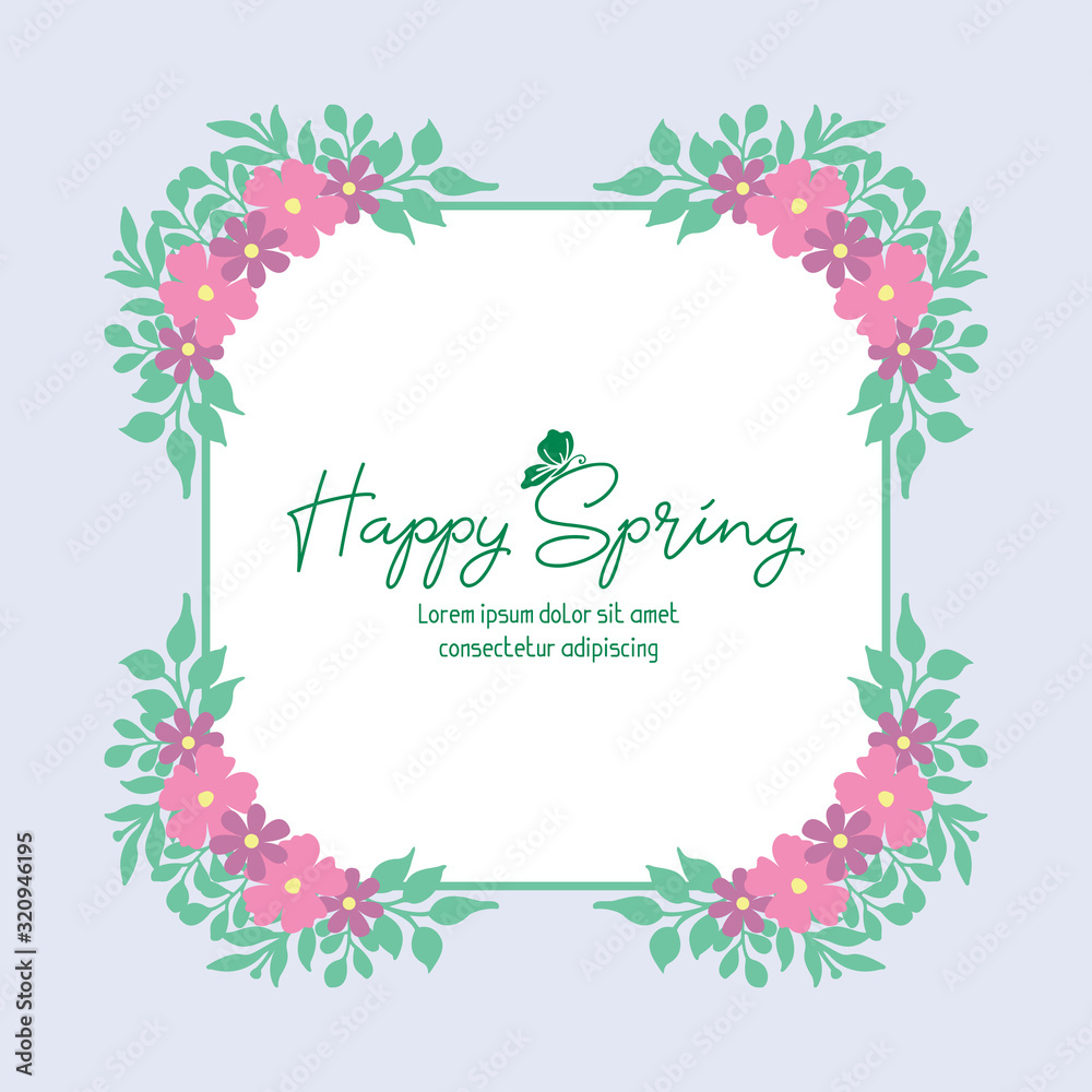 Happy spring greeting card design, with unique pattern of leaf and floral frame. Vector