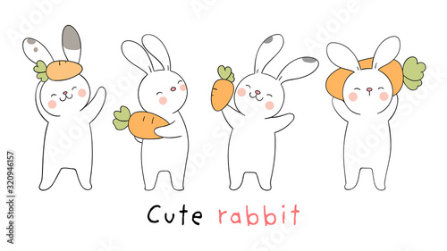 Draw collection white rabbit with carrot for spring season.