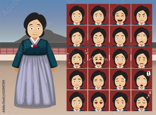 Korean Old Woman Cartoon Emotion faces Vector Illustration-01