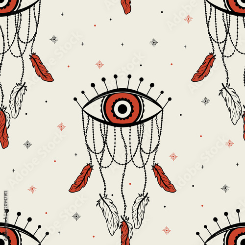 Seamless pattern dream catcher.Vintage bohemian drawing style.