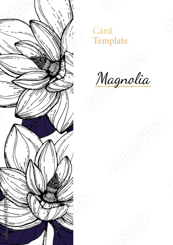 Vector illustration botanical floral wedding invitation card with white anise mognolia flower and purple leaves. Simple minimalistic hand drawn design. Greeting card for valentines day, spring 