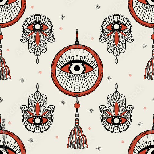 Seamless pattern dream catcher.Vintage bohemian drawing style.