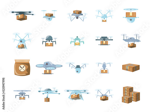 Delivery drones icon set vector design