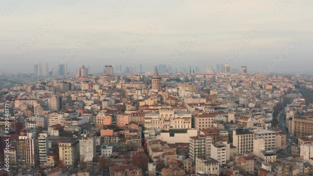 Sunrise drone shot of Galata Tower in Istanbul, Turkey Sunrise drone shot of Galata Tower in Istanbul, Turkey