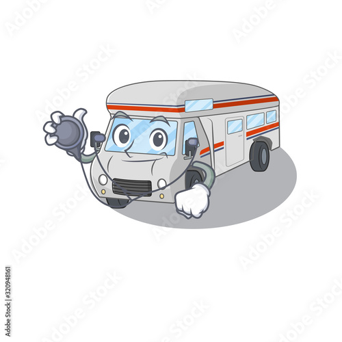 A mascot picture of campervan cartoon as a Doctor with tools