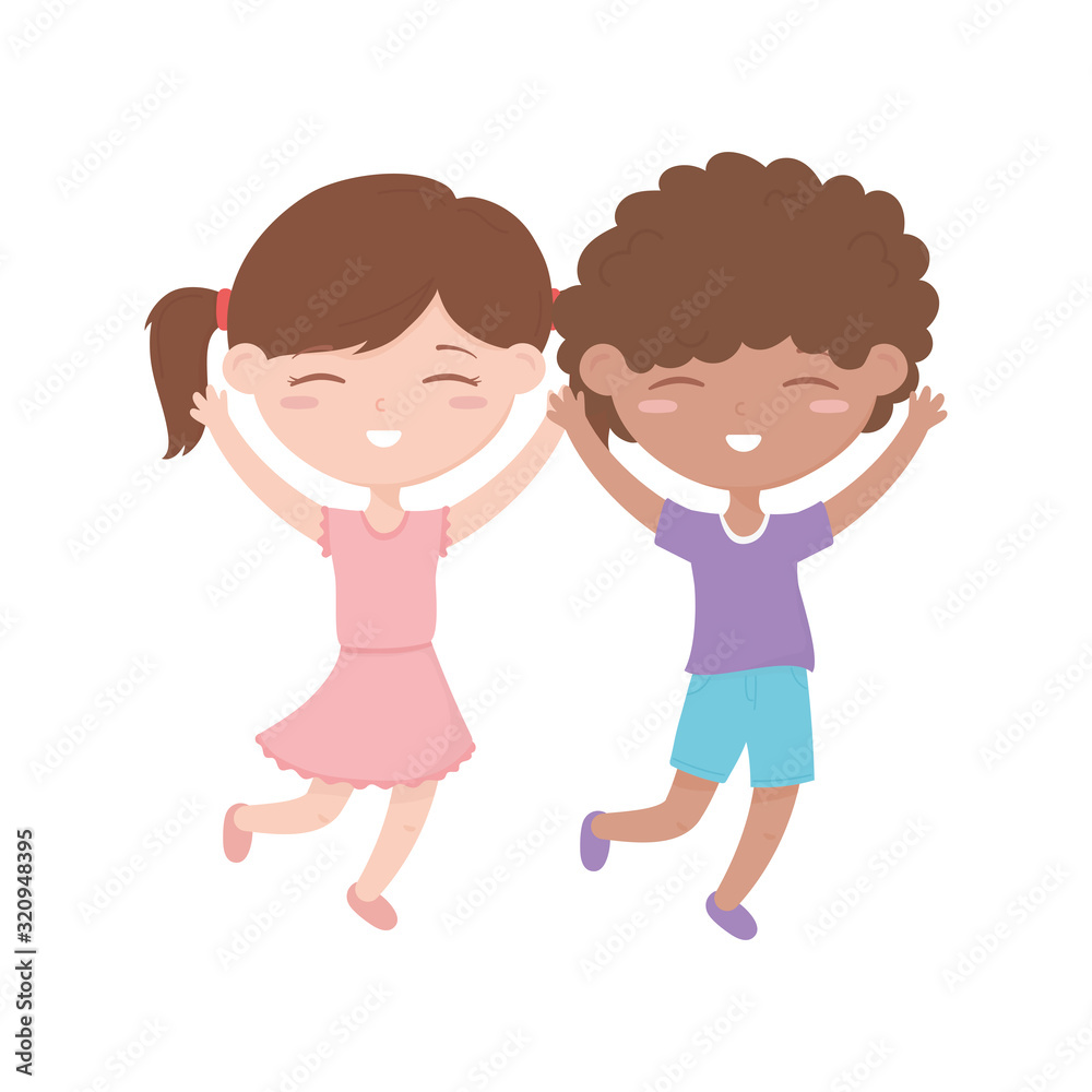 happy childrens day, little boy and girl celebration excited cartoon