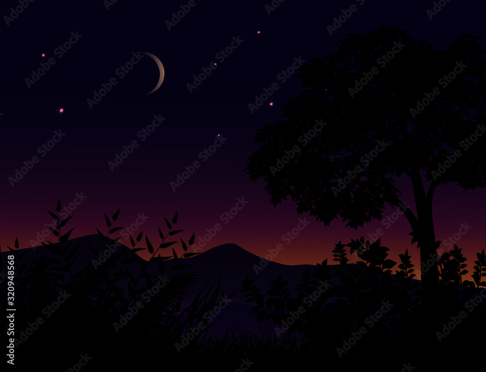 night landscape with crescent moon