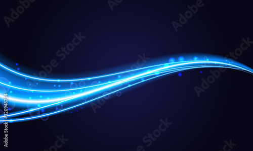 Blue swoosh neon wave over dark background. Shimmering waves with light effect and star dust trail. Blue swoosh design for web and print.