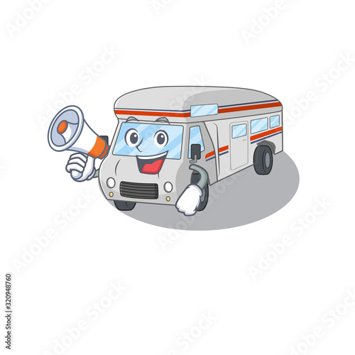 A mascot of campervan speaking on a megaphone