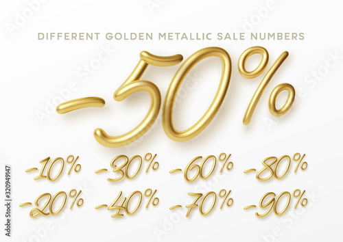 Golden numbers in 3d style. Numbers with liquid effect of a golden metallic gradient in volumetric style. Isolated numbers on a white background. Vector illustration