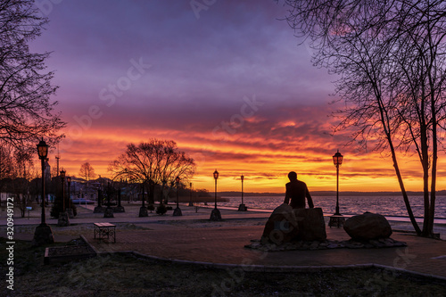 Dawn on the embankment in Sebezh, Pskov region photo