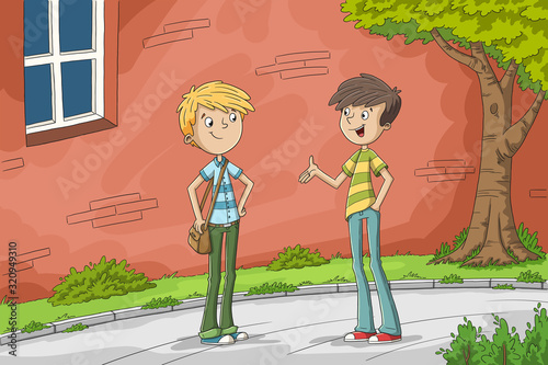 Two boys are talking. Hand drawn vector illustration with separate layers.