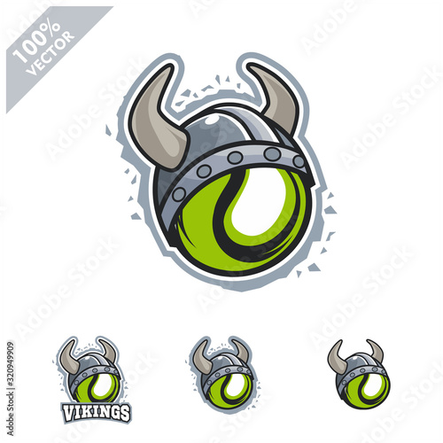 Tennis ball with Viking helmet logo vector illustration for club or team. Scalable and editable 4 variation vector.	