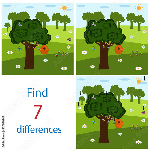 Bee tree and uly play PAL for kids spot the seven differences in the images, vector illustration, the answers are