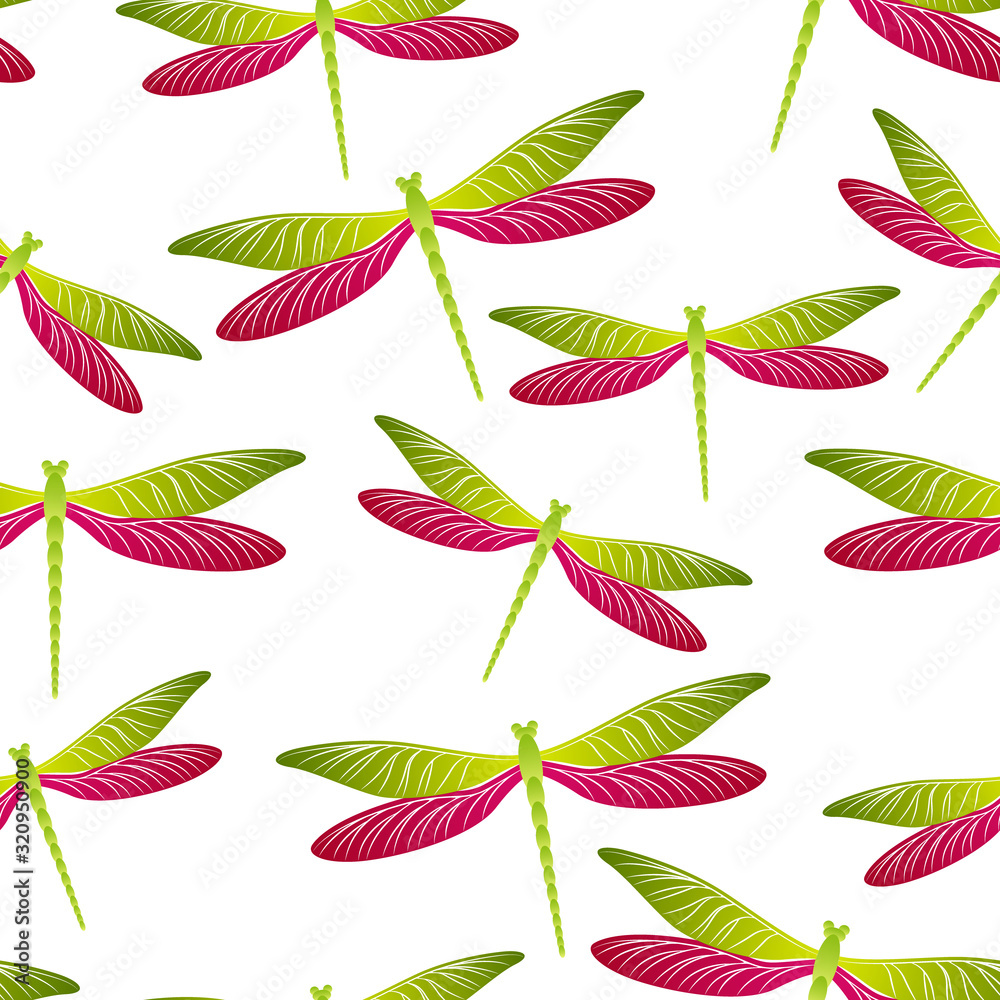 Dragonfly girlish seamless pattern. Repeating clothes textile print with damselfly insects. Garden 
