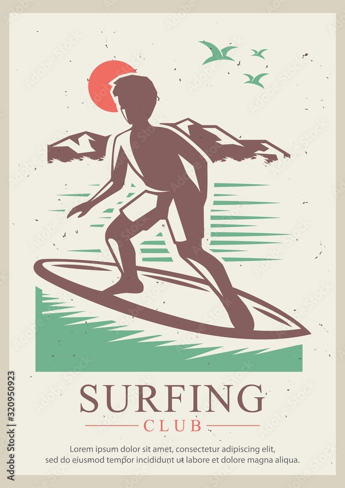 Surfing club vector retro poster design template