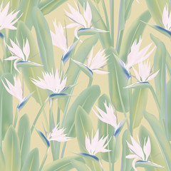Deken met foto Tropische bloemen patronen Strelitzia reginae tropical flower vector seamless pattern. Bohemian tropical plant fabric print design. South African plant tropical blossom of crane flower, strelitzia. Floral textile print.  © SunwArt