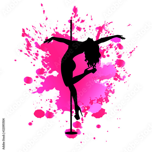 Vector black silhouette pole dance on pink watercolor blot on a white background. Hand scketch exotic dance vector illustration. Isolated clipart for logotype, badge, icon, logo, banner, tag, clothes