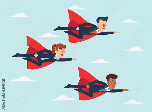 Super Businessmen and Super Businesswoman. Cartoon superhero flying with cape waving in the wind. Successful hero business people. Success, leadership and victory in business vector concept