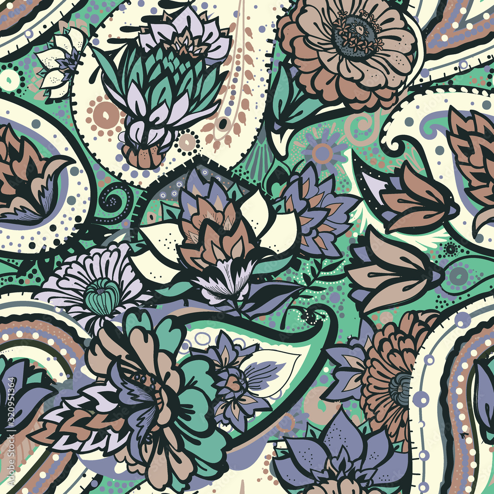 Fototapeta Seamless floral pattern in vintage oriental paisley style.