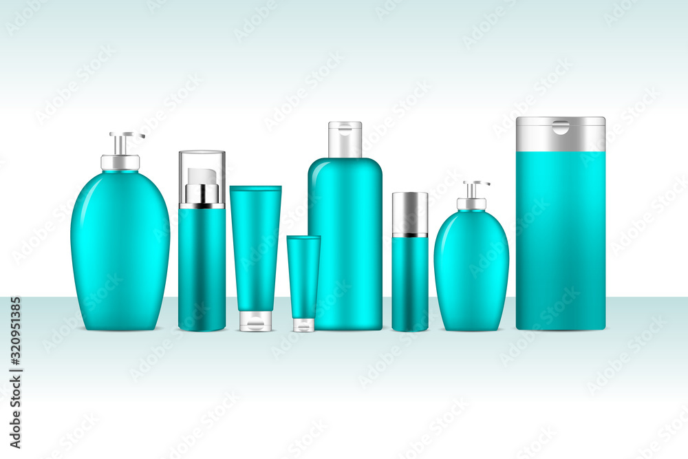 Cosmetics set on a shelf in the bathroom. Plastic packaging. Vector template for your design. illustrator EPS 10 Cosmetics set on a shelf in the bathroom. Plastic packaging. Vector template for your design. illustrator EPS 10