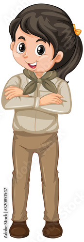 Girl in safari outfit standing on white background