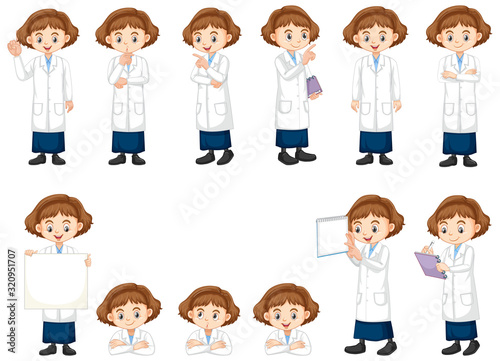 Set of girl in science gown doing different acts