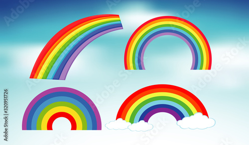 Set of rainbows in blue sky background
