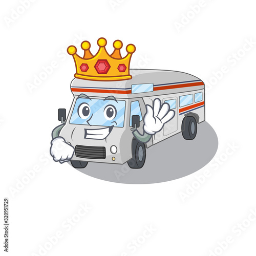 A cartoon mascot design of campervan performed as a King on the stage