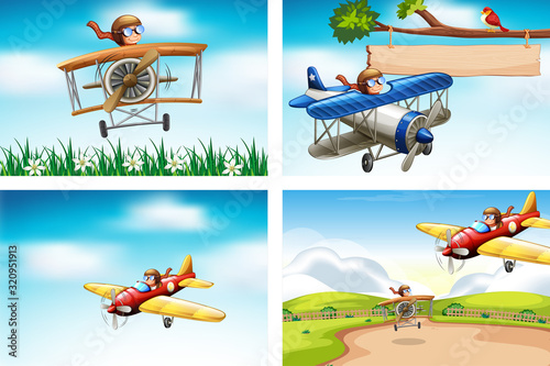 Four scenes with airplane flying in the sky