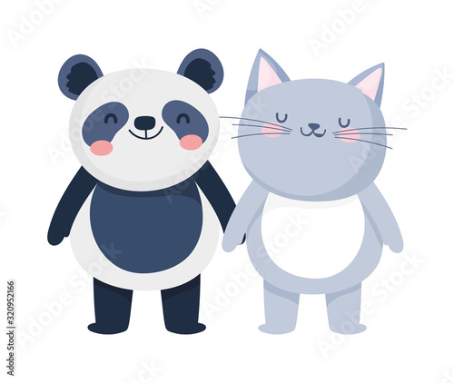 little cat and panda cartoon character on white background