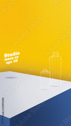 Studio table background.Vector,vivid blue product display block with yellow wall.mockup for display of design.Vertical Banner for advertise product.16 9 ratio