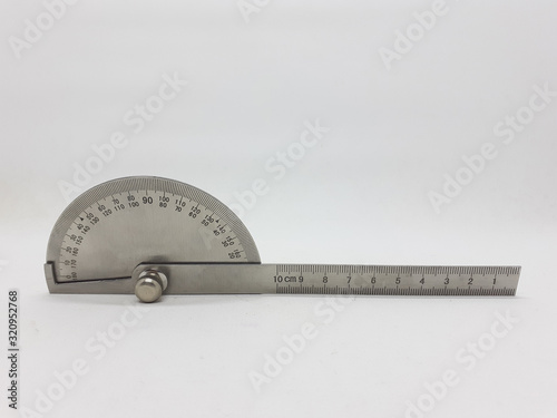 Adjustable Metallic Stainless Steel Protractors for Engineer and Builder Architecture Working Tools in White Isolated Background