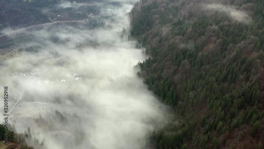 Aerial, reverse, drone shot overlooking a line of woods and fog, on a overcast, autumn day, near Cortina d Ampezzo, in Dolomites, Italy Aerial, reverse, drone shot overlooking a line of woods and fog, on a overcast, autumn day, near Cortina d Ampezzo, in Dolomites, Italy
