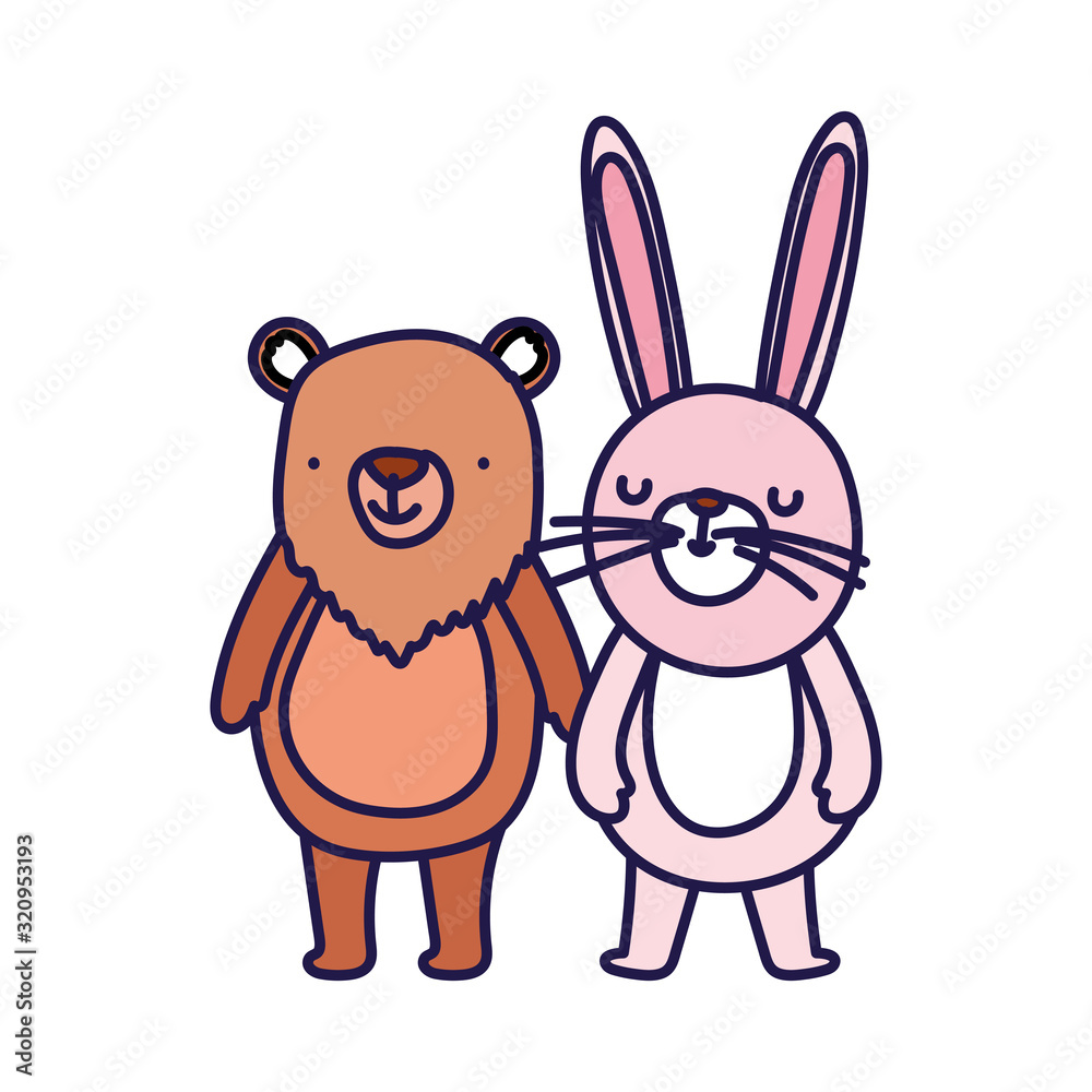 little rabbit and bear cartoon character on white background